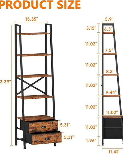 Furologee 5-Tier Ladder Shelf with 2 Drawers,Narrow Bookshelf Storage Shelves,Industrial Bookcase Freestanding Shelf Units for Bedroom,Living Room,Bathroom,Home Office,Balcony,Wood Metal,Rustic Brown - LeafyLoom