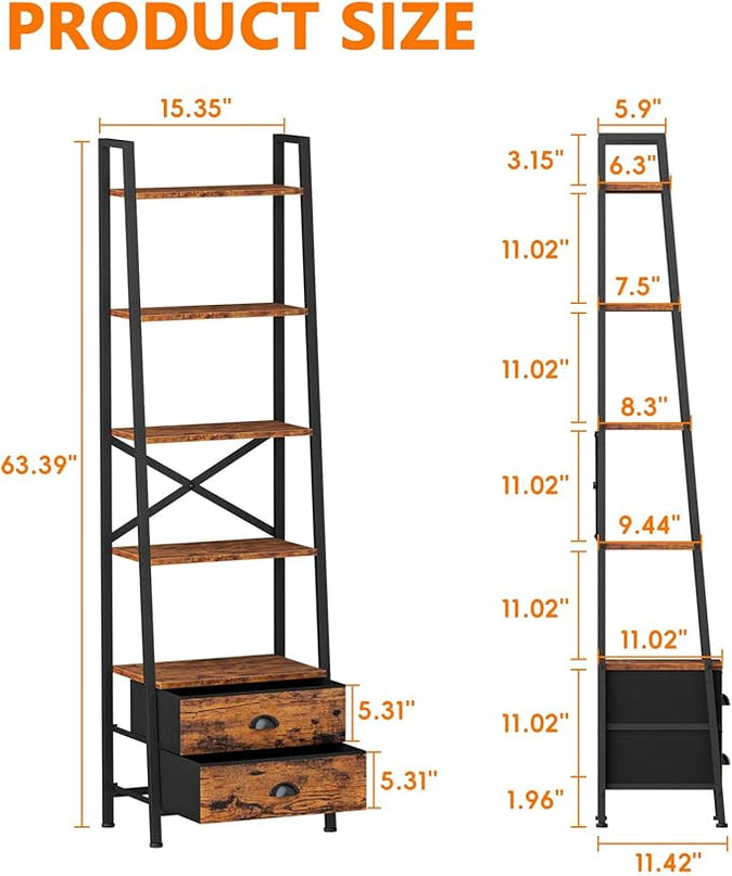 Furologee 5-Tier Ladder Shelf with 2 Drawers,Narrow Bookshelf Storage Shelves,Industrial Bookcase Freestanding Shelf Units for Bedroom,Living Room,Bathroom,Home Office,Balcony,Wood Metal,Rustic Brown - LeafyLoom