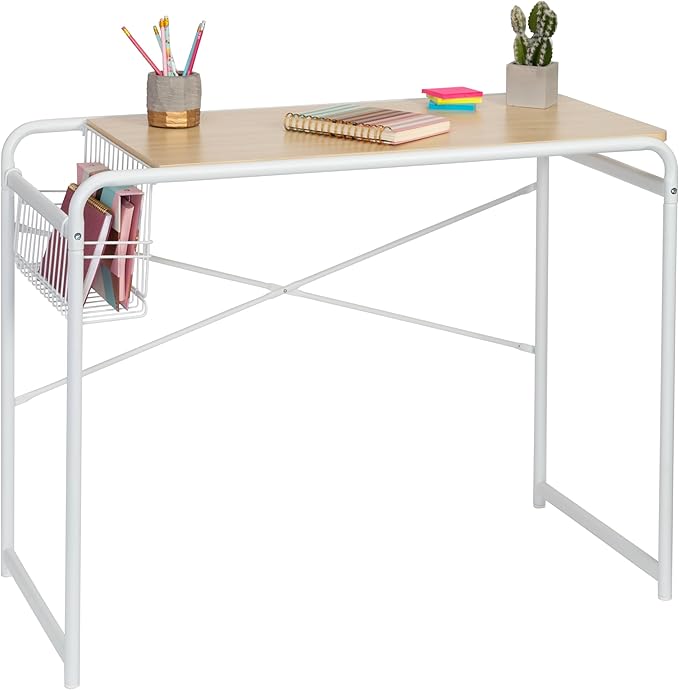 Honey-Can-Do Home Office Computer Desk with Side Basket, White OFC-09918 White - LeafyLoom
