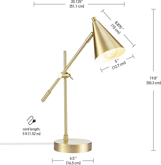 Globe Electric 52887 18" Desk Lamp, Matte Brass, Adjustable Height, Balance Arm, Rotary Switch on Shade, Home Décor, Desk Lamps for Home Office, Home Office Accessories, Adjustable Lamp, Modern - LeafyLoom