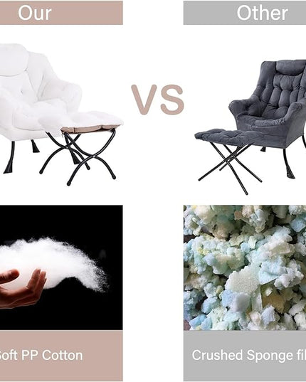 LITA Lazy Chair with Ottoman, Modern Accent Leisure Upholstered Sofa Chair, Lounge Reading Chair with Armrests and a Side Pocket for Living Room, Bedroom & Small Space, Plush White - LeafyLoom