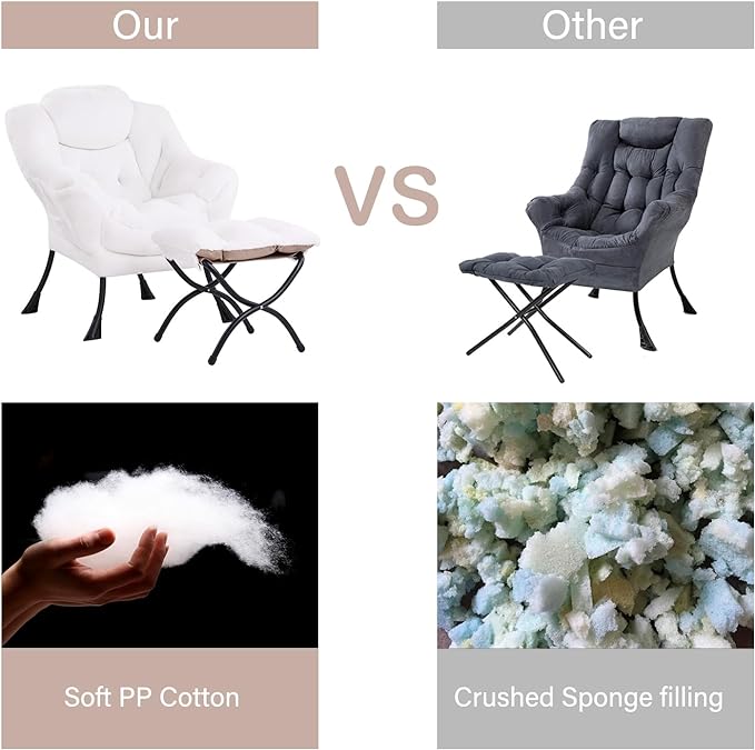 LITA Lazy Chair with Ottoman, Modern Accent Leisure Upholstered Sofa Chair, Lounge Reading Chair with Armrests and a Side Pocket for Living Room, Bedroom & Small Space, Plush White - LeafyLoom