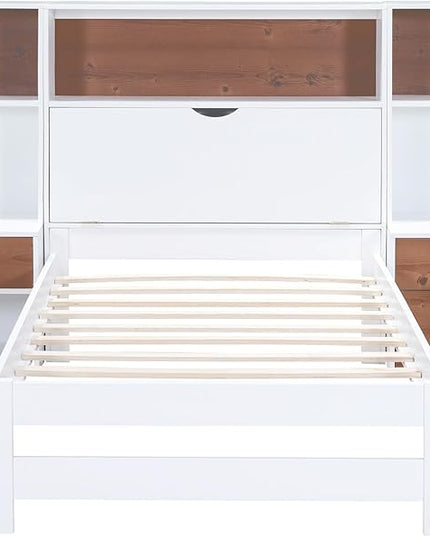 Merax Wood Bed Frame with Storage Headboard and Drawers, Twin Size Platform Bed with Nightstands, No Box Spring Needed White - LeafyLoom
