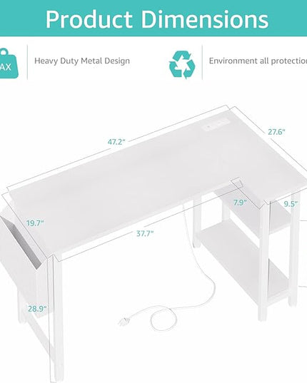 Lufeiya White L Shaped Computer Desk with Power Outlet Shelves, 47 Inch Corner Desk for Home Office Bedroom, L-Shaped Study Writing Working PC Desks, White - LeafyLoom