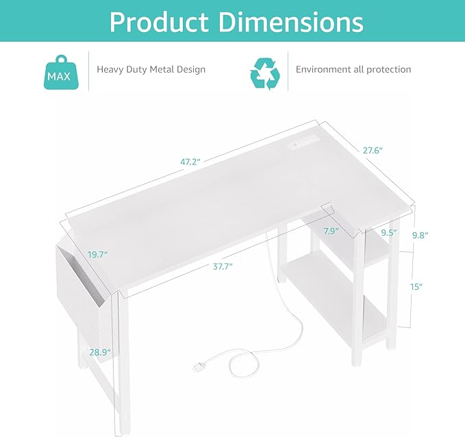 Lufeiya White L Shaped Computer Desk with Power Outlet Shelves, 47 Inch Corner Desk for Home Office Bedroom, L-Shaped Study Writing Working PC Desks, White - LeafyLoom