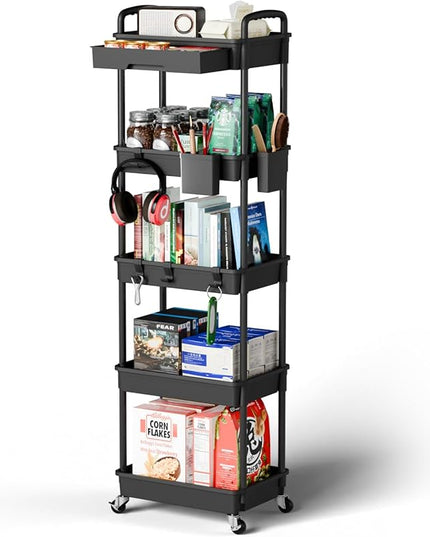 5 Tier Small Rolling Cart Organizer,Bathroom Cart Organizers with Wheels Laundry Room Organization Mobile Shelving Unit Utility Cart Storage Shelves Multi-Functional for Office, Home(Black) - LeafyLoom
