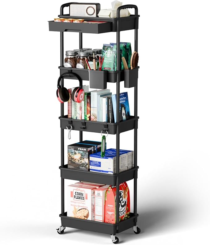 5 Tier Small Rolling Cart Organizer,Bathroom Cart Organizers with Wheels Laundry Room Organization Mobile Shelving Unit Utility Cart Storage Shelves Multi-Functional for Office, Home(Black) - LeafyLoom
