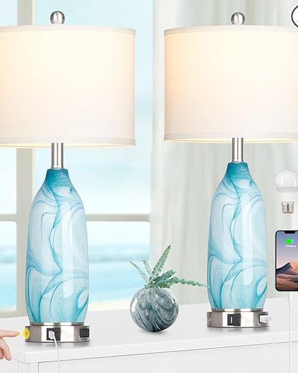 26" Coastal Table Lamps Set of 2, Modern Table Lamps with USB A+C Ports & AC Outlet, Touch Control Glass Bedside Nightstand Lamp with Night Light for Living Room Bedroom End Table Blue(Bulbs Included) - LeafyLoom