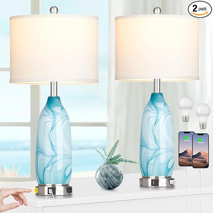 26" Coastal Table Lamps Set of 2, Modern Table Lamps with USB A+C Ports & AC Outlet, Touch Control Glass Bedside Nightstand Lamp with Night Light for Living Room Bedroom End Table Blue(Bulbs Included) - LeafyLoom