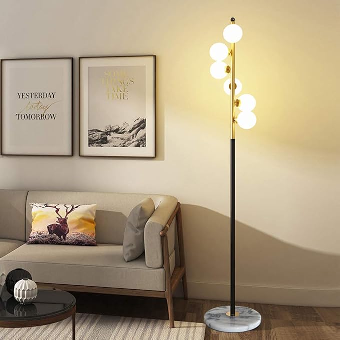 Hsyile Lighting KU300205 White Glass Shade and Marble Base Elegant Modern Creative Floor Lamp for Living Room,Bedroom,Office,6 Lights - LeafyLoom