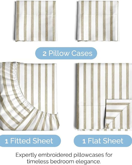 King Size 4 Piece Sheet Set - Comfy Breathable & Cooling Sheets - Hotel Luxury Bed Sheets for Women & Men - Deep Pockets, Easy-Fit, Soft & Wrinkle Free Sheets - Beige Stripes Oeko-Tex Bed Sheet Set - LeafyLoom