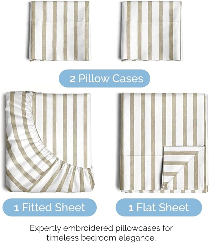 King Size 4 Piece Sheet Set - Comfy Breathable & Cooling Sheets - Hotel Luxury Bed Sheets for Women & Men - Deep Pockets, Easy-Fit, Soft & Wrinkle Free Sheets - Beige Stripes Oeko-Tex Bed Sheet Set - LeafyLoom