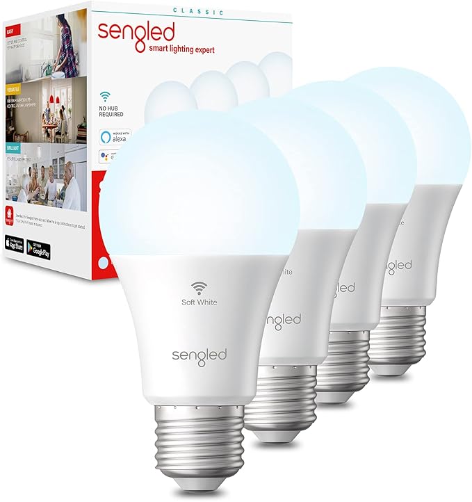 Sengled Alexa WiFi Light Bulb - Smart Bulbs That Work with Alexa/Google Assistant, A19 Daylight (5000K) - No Hub Required, 800LM 60W High CRI)60 Equivalent, 4 Count (Pack of 1) Sengled