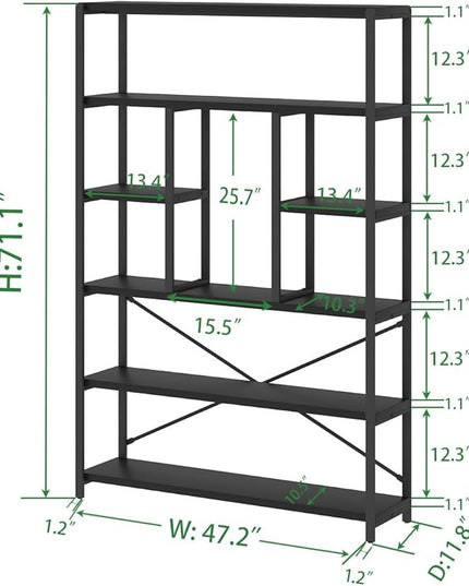 LVB 6 Tier Tall Black Bookshelf, Modern Large Wide Book Rack Storage, Industrial Wood Metal Etagere 6 Shelf Bookcase, Farmhouse Open Display Book Shelf Organizer for Bedroom Living Room Office, Black - LeafyLoom