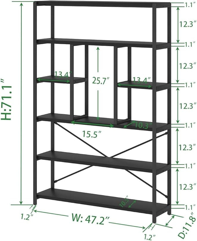 LVB 6 Tier Tall Black Bookshelf, Modern Large Wide Book Rack Storage, Industrial Wood Metal Etagere 6 Shelf Bookcase, Farmhouse Open Display Book Shelf Organizer for Bedroom Living Room Office, Black - LeafyLoom