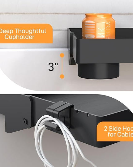 SPACELEAD Bedside Shelf for Bed – College Dorm Room Clip On Nightstand with Cup Holder & Cord Holder -Tray Table Caddy for Students – Bunk Bed Shelf for Organizer Top for Bedroom (Black，Plastic) - LeafyLoom