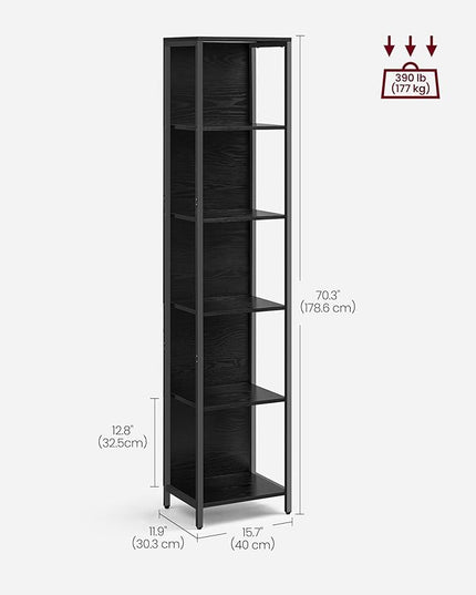 VASAGLE 6-Tier LED Bookshelf, Display Shelf with Dimmable Lights, LED Bookcase with Steel Frame, 11.9 x 15.7 x 70.3 Inches, for Living Room, Bedroom, Office, Black with Wood Grain ULLS121B56 - LeafyLoom