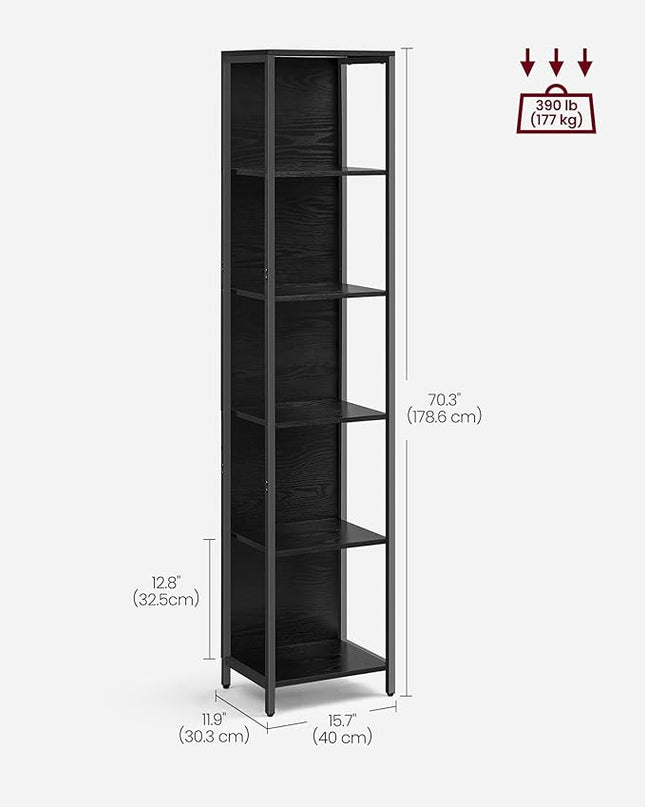 VASAGLE 6-Tier LED Bookshelf, Display Shelf with Dimmable Lights, LED Bookcase with Steel Frame, 11.9 x 15.7 x 70.3 Inches, for Living Room, Bedroom, Office, Black with Wood Grain ULLS121B56 - LeafyLoom