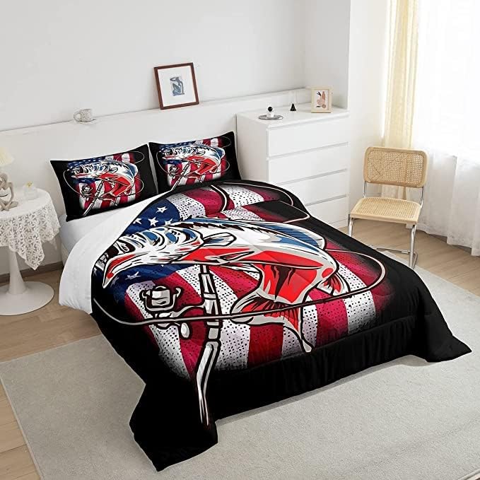 Fishing Comforter King Bass Fish American Flag Bedding Set Farmhouse Pike Fishing Comforter Set for Kids Boys Girls Teens Room Wild Fish Decor Red Blue Stripe Quilt Down Comforter Boys - LeafyLoom