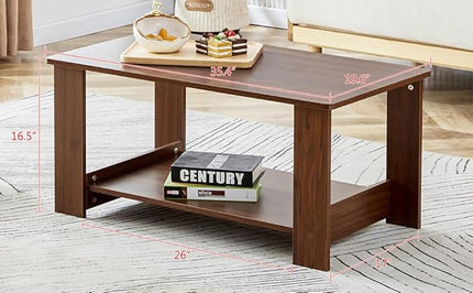 Farmhouse Wood Coffee Table - Boho Tea Table with Storage Shelf, Rectangle Center Table Wood Look Accent Table, 2-Tier Sofa Side Table Modern Rectangular Coffee Table Living Room Furniture - LeafyLoom