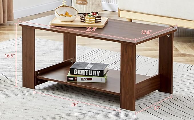 Farmhouse Wood Coffee Table - Boho Tea Table with Storage Shelf, Rectangle Center Table Wood Look Accent Table, 2-Tier Sofa Side Table Modern Rectangular Coffee Table Living Room Furniture - LeafyLoom