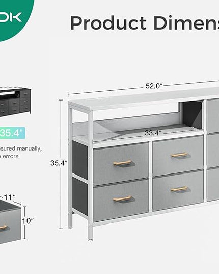 AODK Dresser with Charging Station, 52-Inch Long Dresser for Bedroom with 7 Large Fabric Drawers, Entertainment Center with Open Shelves for 55-Inch TV for Living Room, White and Light Grey - LeafyLoom