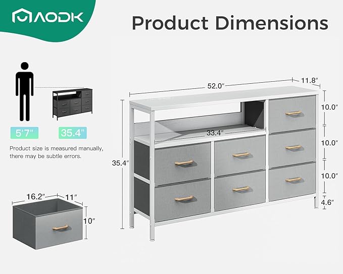 AODK Dresser with Charging Station, 52-Inch Long Dresser for Bedroom with 7 Large Fabric Drawers, Entertainment Center with Open Shelves for 55-Inch TV for Living Room, White and Light Grey - LeafyLoom