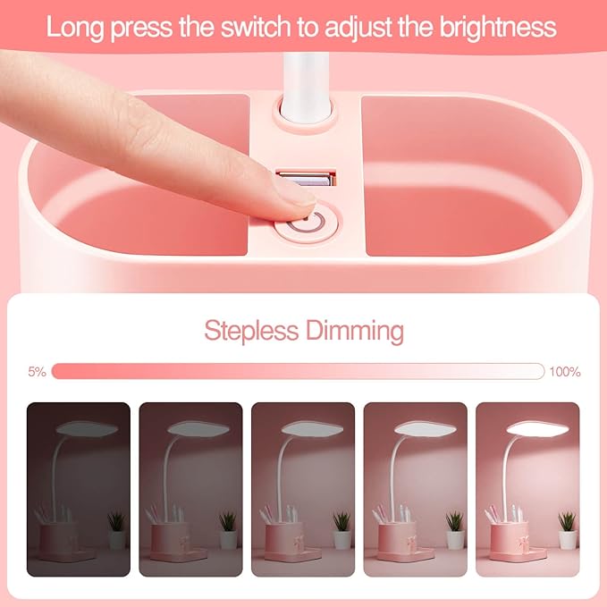 Mubarek Cute Desk Lamp Pink Lamp Cute Desk Accessories, 3 Modes 8W Dimmable Pink Desk Lamp+Organizers, Pink Desk Accessories Kawaii Desk Accessories, Cute Lamp Cute Desk Decor Cute Office Supplies - LeafyLoom