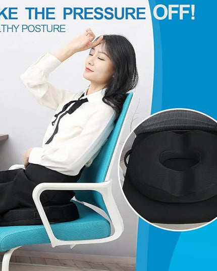 JEMA Donut Pillow, Tailbone Memory Foam Seat Cushion by Ergonomic Innovations for Sores, Coccyx, Sciatica, Pregnancy, Post Natal (Black) - LeafyLoom