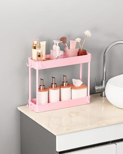 TOOLF Slim Rolling Storage Cart, 4 Tier Utility Cart on Wheels, Mobile Shelving Unit with Hooks for Narrow Space, Rolling Organizer for Bathroom Laundry Kitchen Dorm for Craft Makeup Diaper, Pink - LeafyLoom