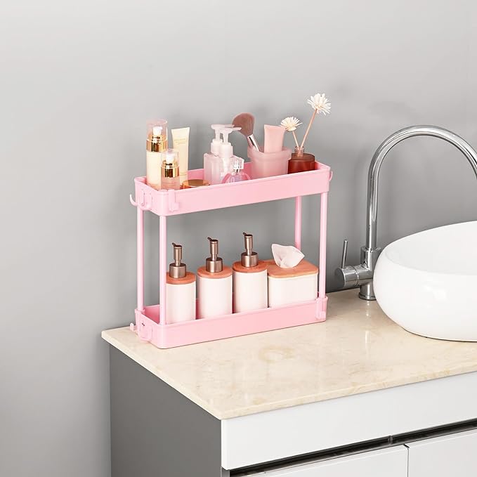 TOOLF Slim Rolling Storage Cart, 4 Tier Utility Cart on Wheels, Mobile Shelving Unit with Hooks for Narrow Space, Rolling Organizer for Bathroom Laundry Kitchen Dorm for Craft Makeup Diaper, Pink - LeafyLoom