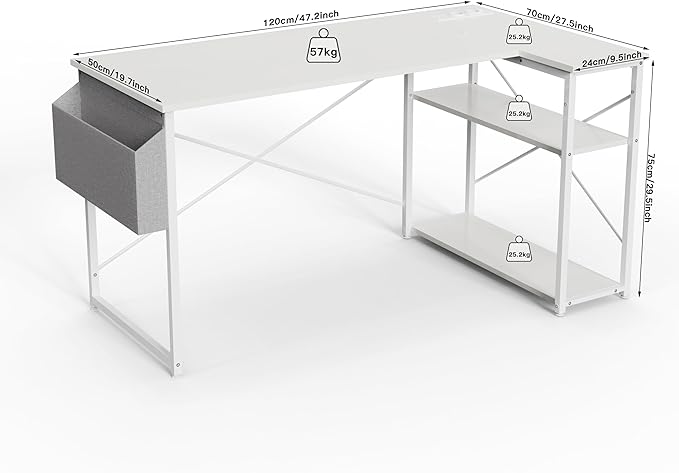 L Shaped Computer Desk with Power Outlets, 47 Inch Small Corner Desk with Reversible Shelves, Gaming Desk Computer Table Study Writing Desk for Home Office Small Space, White - LeafyLoom