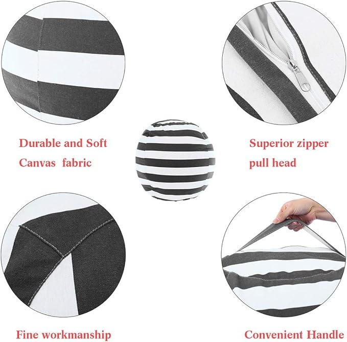 2 Packs Stuffed Animal Storage Beanbag Cover 24" Bean Bag Storage for Kids Girs Boys Room Toys Organizer Heavy-duty Zipper Bean Bag Chair Covers Only Grey Blue White Stripes Cotton Canvas - LeafyLoom