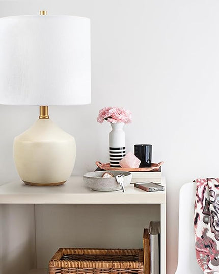 Globe Electric Novogratz x 61000042 Novogratz x Globe 16" Ceramic Table Lamp, Cream Finish, Concrete Textured Body, Brass Base, White Linen Shade, Brass Accents, On/Off Rotary Switch on Socket - LeafyLoom