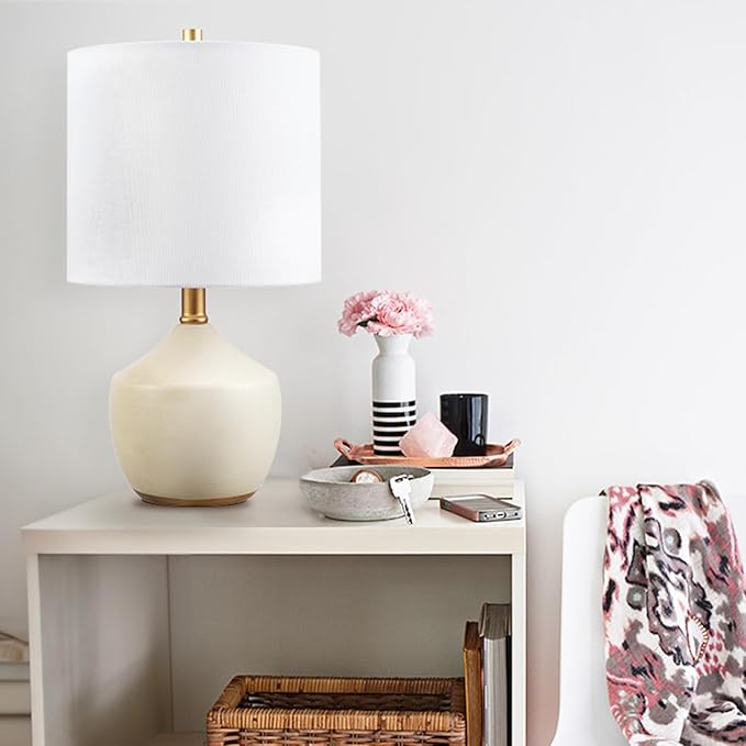 Globe Electric Novogratz x 61000042 Novogratz x Globe 16" Ceramic Table Lamp, Cream Finish, Concrete Textured Body, Brass Base, White Linen Shade, Brass Accents, On/Off Rotary Switch on Socket - LeafyLoom