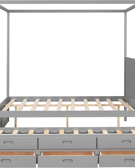 Queen Size Canopy Platform Bed with Twin Trundle and Three Storage Drawers, Wooden Daybed Frame Beds for Kids Teens Boys Girls,Gray - LeafyLoom