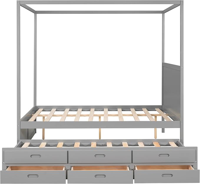 Queen Size Canopy Platform Bed with Twin Trundle and Three Storage Drawers, Wooden Daybed Frame Beds for Kids Teens Boys Girls,Gray - LeafyLoom