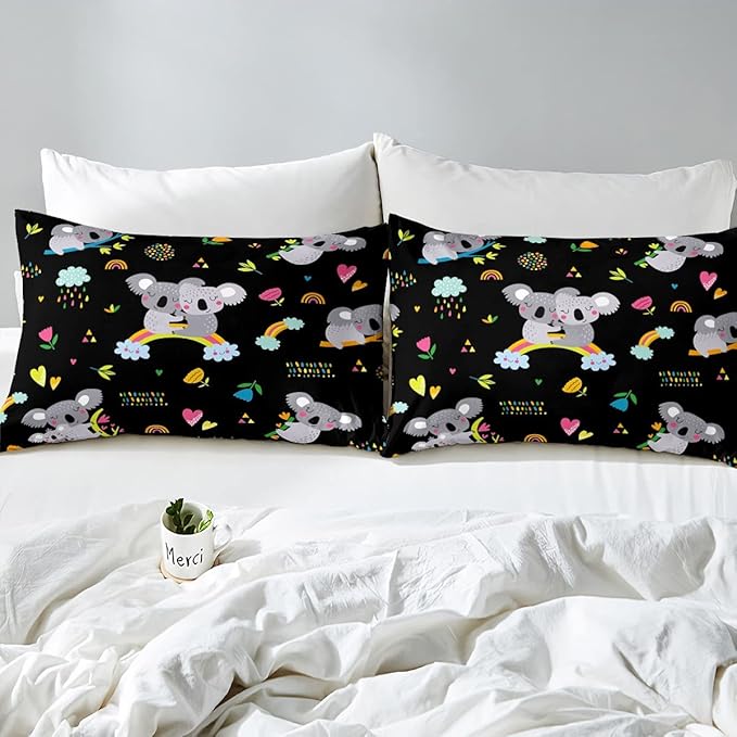 Erosebridal Koala Comforter Set, Kids Rainbow Bedding Set Twin Size Flower Love Heart Duvet Sets for Girls Boys Children Cute Animal Cartoon Down Comforter 2 Pieces with 1 Pillow Case, Black - LeafyLoom