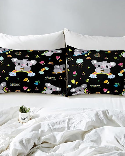 Erosebridal Koala Comforter Set, Kids Rainbow Bedding Set Queen Size Flower Love Heart Duvet Sets for Girls Boys Children Cute Animal Cartoon Down Comforter 3 Pieces with 2 Pillow Cases, Black - LeafyLoom