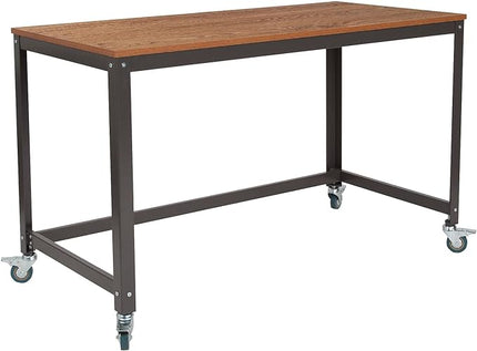 Flash Furniture Livingston Collection Computer Table and Desk in Brown Oak Wood Grain Finish with Metal Wheels - LeafyLoom