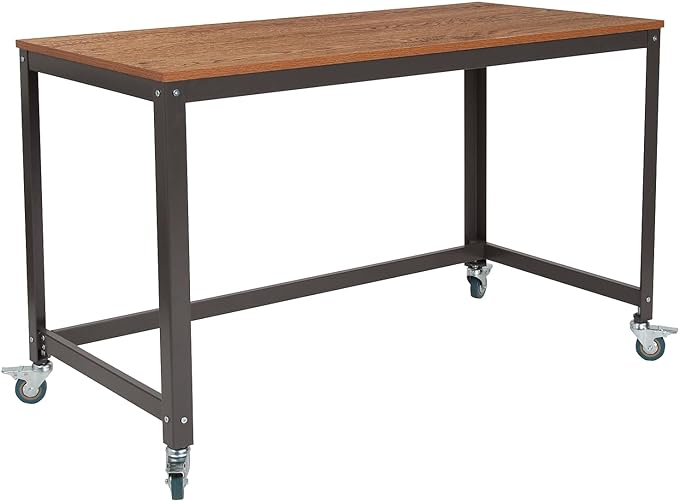 Flash Furniture Livingston Collection Computer Table and Desk in Brown Oak Wood Grain Finish with Metal Wheels - LeafyLoom