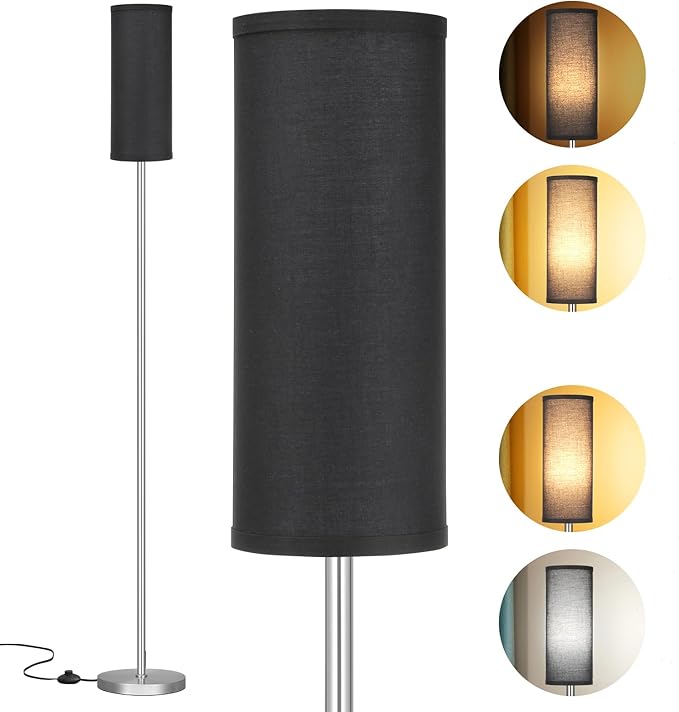 Ambimall Floor Lamps for Living Room, Modern Silver Floor Lamp with Remote Control and Stepless Dimmable Colors Temperature & Brightness (9W Bulb Included, Black Lampshade) - LeafyLoom