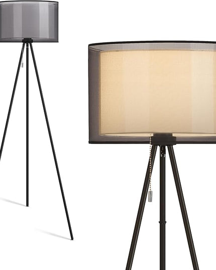KDG Modern Floor Lamp for Living Room, Tall Tripod Floor Lamp Corner Lighting, Fabric Lampshade LED Bulb Bright Pole Light, High Light for Bedroom, Reading, Office, Study Room, Warm Light(Black) - LeafyLoom