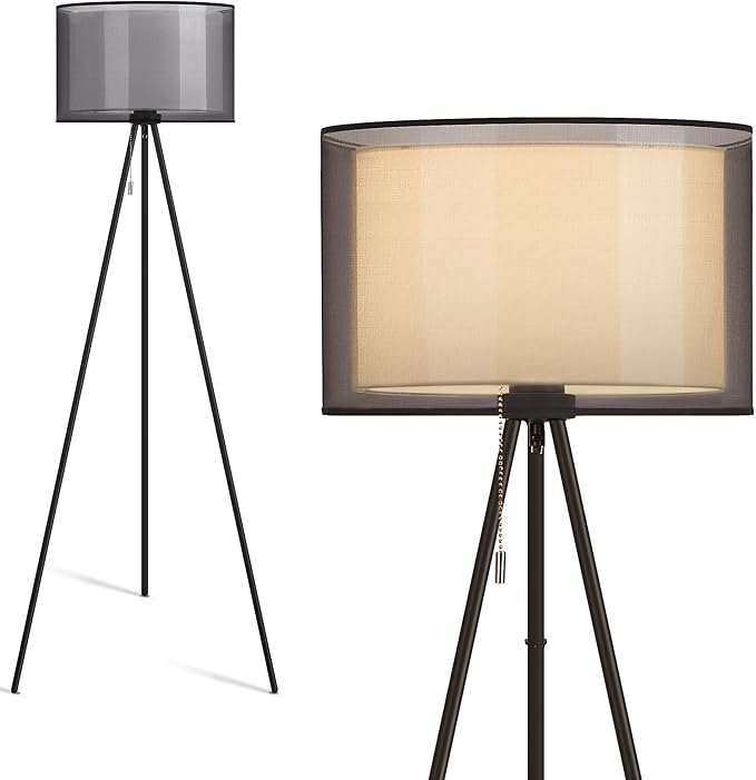KDG Modern Floor Lamp for Living Room, Tall Tripod Floor Lamp Corner Lighting, Fabric Lampshade LED Bulb Bright Pole Light, High Light for Bedroom, Reading, Office, Study Room, Warm Light(Black) - LeafyLoom