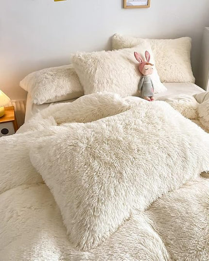 Faux Fur Kids Girls Milky White Comforter Sets Queen - 3PC Bed Set Warm Comfortable Soft Plush Flannel Velvet Fluffy Fuzzy Bedding（Comforter x 1 Pillowcases x 2） - LeafyLoom