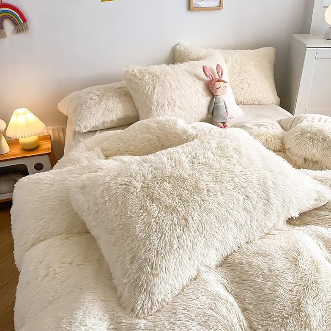 Faux Fur Kids Girls Milky White Comforter Sets Queen - 3PC Bed Set Warm Comfortable Soft Plush Flannel Velvet Fluffy Fuzzy Bedding（Comforter x 1 Pillowcases x 2） - LeafyLoom