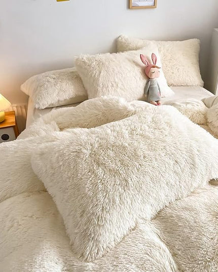 Faux Fur Kids Girls Milky White Comforter Sets King - 3PC Bed Set Warm Comfortable Soft Plush Flannel Velvet Fluffy Fuzzy Bedding（Comforter x 1 Pillowcases x 2） - LeafyLoom