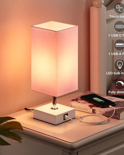 Ambimall Touch Control Table Lamp with 2 USB Charging Ports, 3 Way Touch Lamps Beside Desk, Nightstand Lamp for Bedrooms Living Room, Pink Shade with White Base, LED Bulb Included(Pink) - LeafyLoom