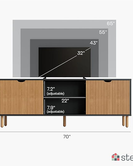 Contemporary Fluted TV Stand - Media Console - 70” Entertainment Center Console Table with Storage for Living Room - Fits 32 to 80" TVs (Black and Oak) - LeafyLoom