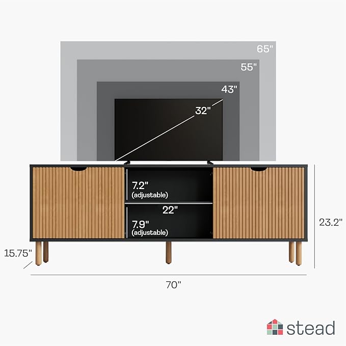 Contemporary Fluted TV Stand - Media Console - 70” Entertainment Center Console Table with Storage for Living Room - Fits 32 to 80" TVs (Black and Oak) - LeafyLoom